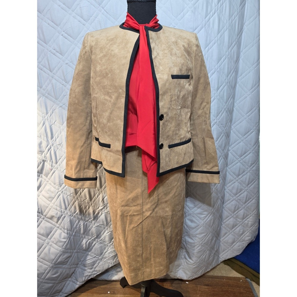 Mollie Parnis Barra of Italy Vintage UltraSuede 3pc Skirt Suit Set Tan Red READ